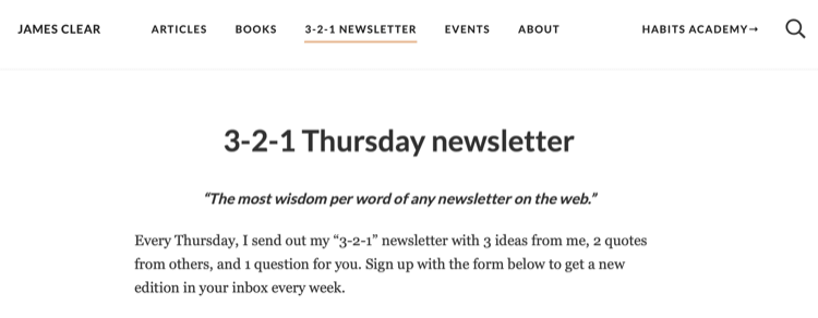 James Clear 3-2-1 nieuwsbriefpagina op website
