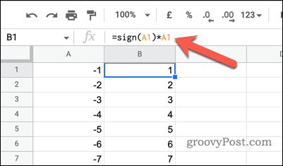 SIGN en vermenigvuldiging gebruiken om negatieve getallen in positieven te veranderen in Google Spreadsheets