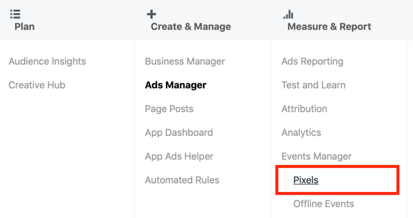Gebruik Google Tag Manager met Facebook, stap 3, menuoptie Pixels onder Ads Manager