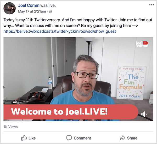 Joel Comm verschijnt in een live video vanuit zijn kantoor. De muren zijn kaal en wit, en op de achtergrond leunt een poster met de omslag van The Fun Formula tegen een muur. Joel draagt ​​een blauw t-shirt en een bril. Een onderste derde onderschrift zegt Welkom bij Joel. LEVEN!