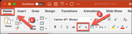 Pictogrammen voor het wijzigen van tekst naar subscript of superscript in PowerPoint op Mac