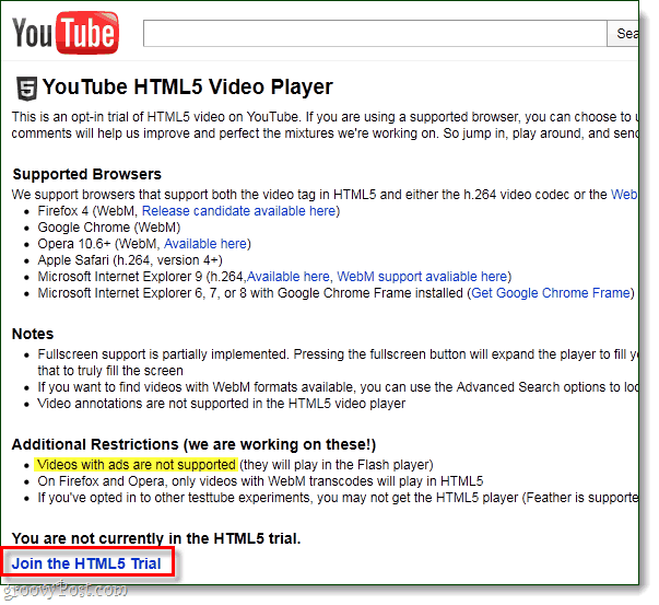 Aanmelden voor YouTube HTML5