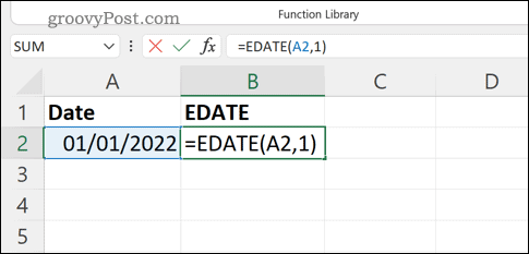 Een EDATE-formule typen in de formulebalk in Excel