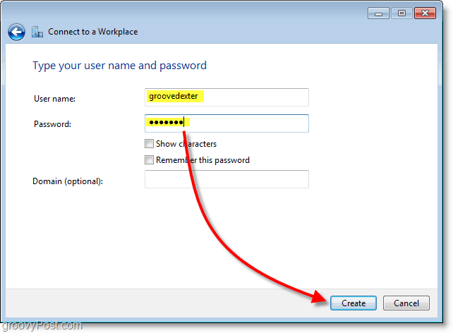 typ uw gebruikersnaam en wachtwoord en maak vervolgens de verbinding in Windows 7