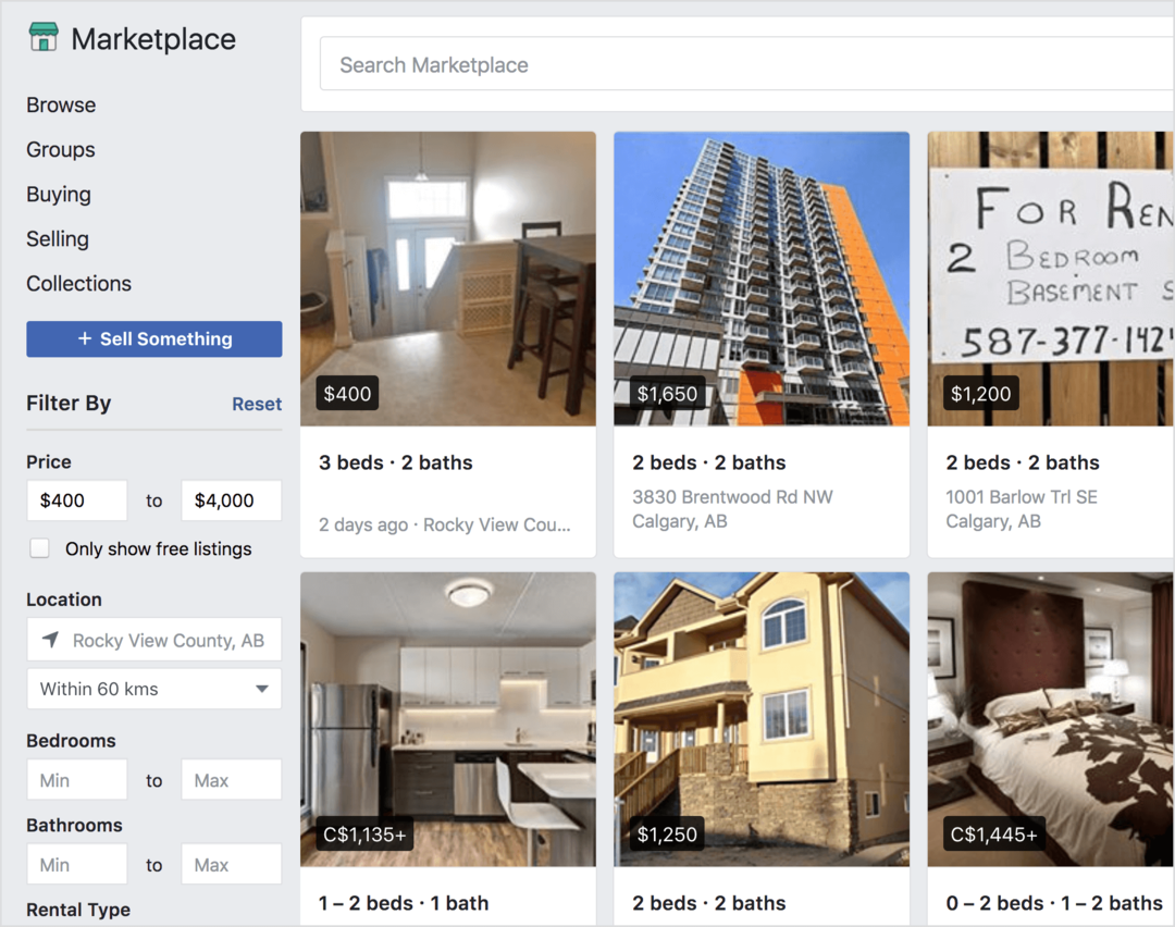 Facebook Marketplace biedt huurwoningen te koop aan.