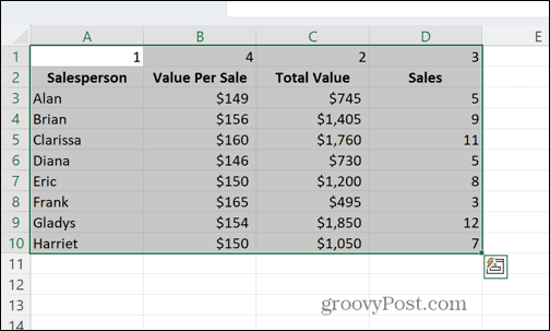 Excel geselecteerde cellen