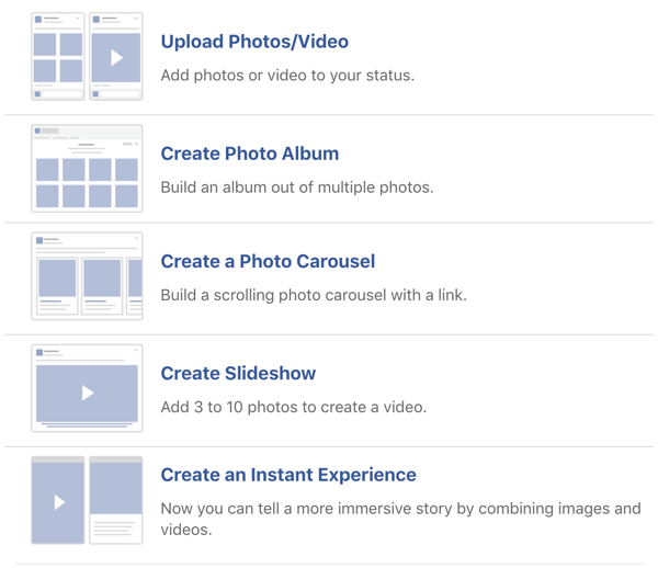 Voorbeeld van opties voor het plaatsen van afbeeldingen en video's op Facebook.