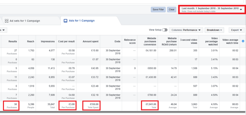 Marketingstrategie voor sociale media; Screenshot van de analyse in Facebook Ads Manager.