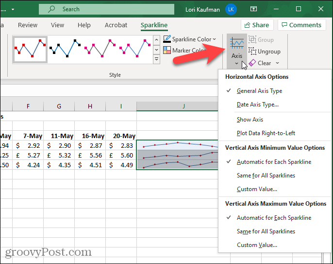 Axis-knop op het Sparkline-tabblad in Excel