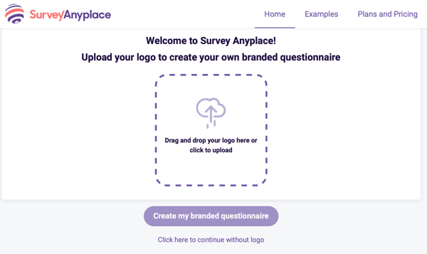 Survey Anyplace welkom en logo-upload voor een merkvragenlijst.