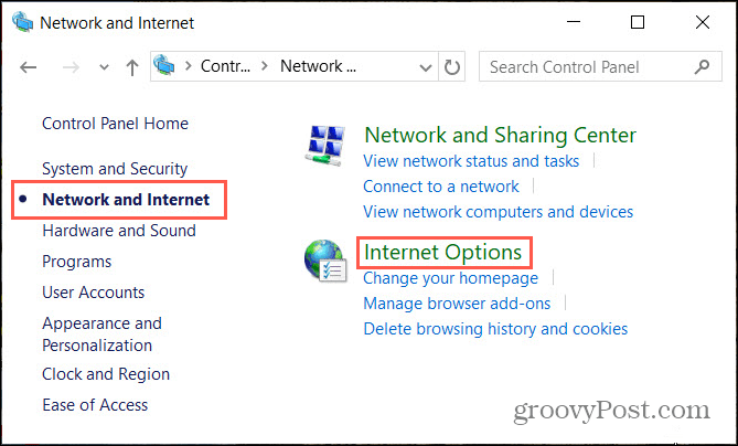 Netwerkinternetopties in het Configuratiescherm van Windows