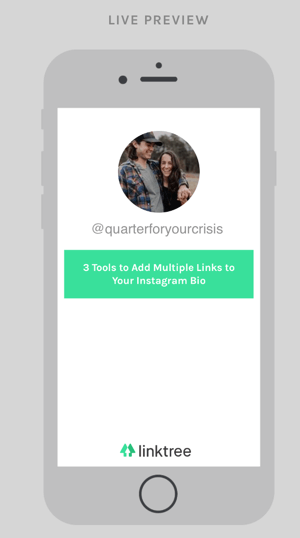 Je Linktree-dashboard toont een voorbeeld van de linkspagina die mensen zien nadat ze op de URL in je Instagram-bio hebben geklikt.