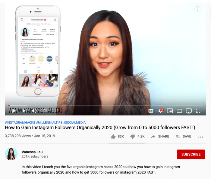 Vanessa Lau YouTube-video over organische hacks op Instagram