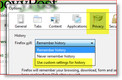 Firefox - gebruik aangepaste instellingen voor geschiedenis