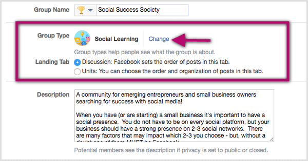 Klik op de link Wijzigen naast de bestaande classificatie van het groepstype en selecteer Sociaal leren.