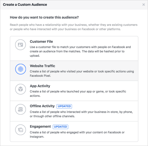 Creëer een aangepaste Facebook-doelgroep op basis van uw websiteverkeer.