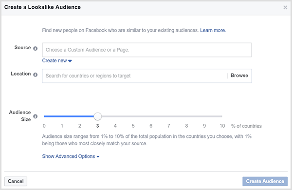 Het dialoogvenster Facebook Create a Lookalike Audience heeft een schuifregelaar voor doelgroepgrootte.
