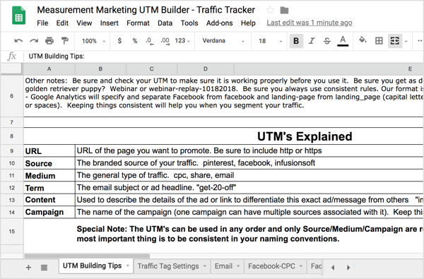 Op het eerste tabblad, UTM-bouwtips, vindt u een samenvatting van de eerder besproken UTM-informatie.