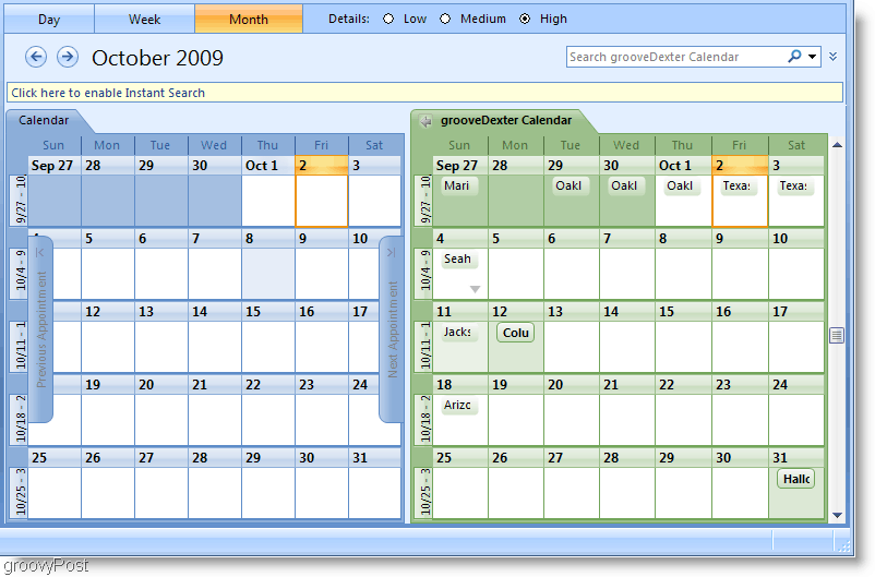 Schermafbeelding van Outlook 2007 naast elkaar