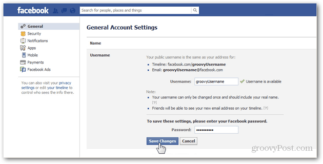 facebook algemene accountinstellingen voorkeuren beheren algemene gebruikersnaam gebruikersnaam wachtwoord opslaan wijzigingen bevestigen