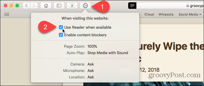 Gebruik de knop Website-voorkeuren in Safari voor Mac