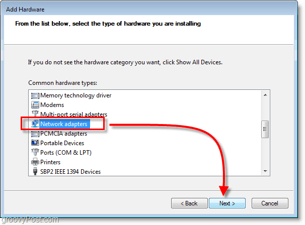 Schermafbeelding van Windows 7-netwerk - selecteer netwerkadapters