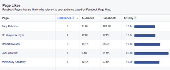 Audience Insights van Facebook biedt een lijst met pagina's die uw publiek misschien leuk vindt op basis van hun interesses. 