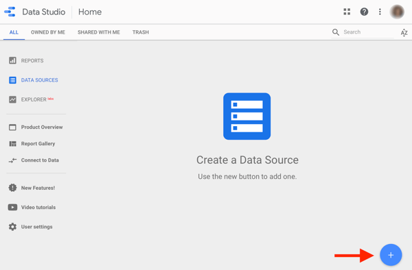 Gebruik Google Data Studio om uw Facebook-advertenties te analyseren, stap 1, optie om een ​​gegevensbron in Google Data Studio te maken