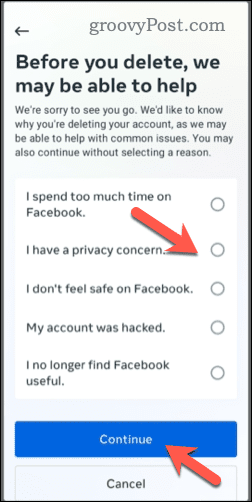 Kiezen om een ​​Facebook-account op mobiel te verwijderen