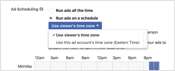 Kies de optie Tijdzone van kijker gebruiken voor uw Facebook-campagne.