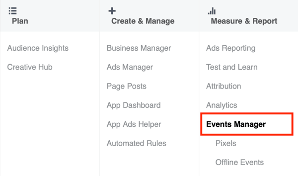 Optie om Events Manager te selecteren in Facebook Ads Manager.