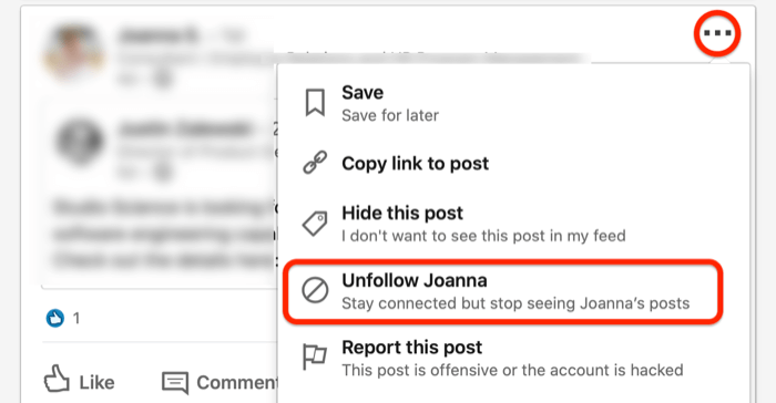 screenshot van de... vervolgkeuzemenu voor een LinkedIn-bericht met de optie Ontvolgen rood omcirkeld