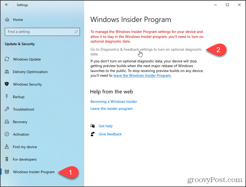 Ga naar Windows 10 Diagnostiek en Feedback-instellingen