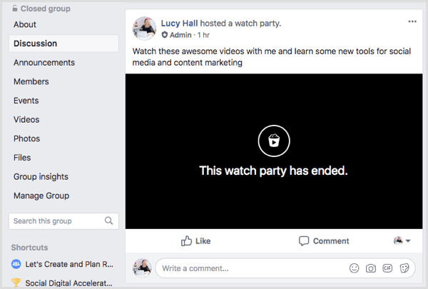 Een Facebook watch party post in de groepsfeed.