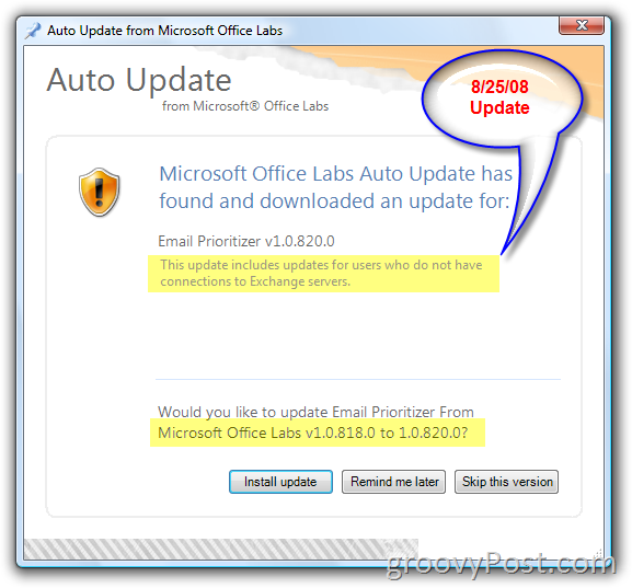 Schermafbeelding voor automatische update van Microsoft Office Labs:: groovyPost.com