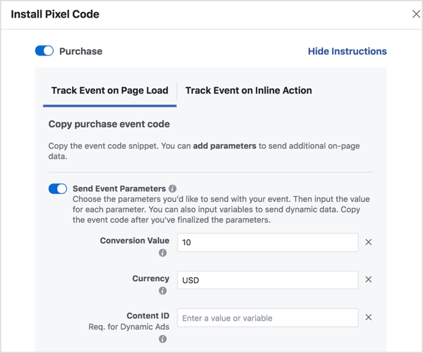 Stel parameters in om de Facebook-evenementcode te genereren die u nodig hebt.