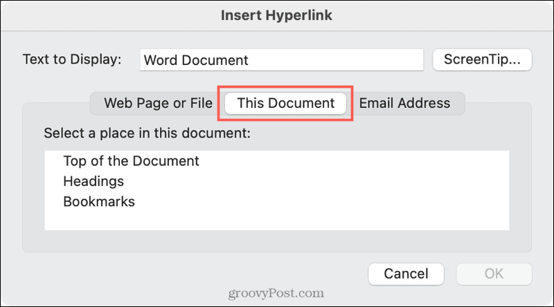Maak een koppeling naar een documentlocatie in Word op Mac