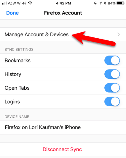 Tik op Account en apparaten beheren in Firefox voor iOS