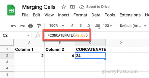 Een voorbeeld van een eenvoudige CONCATENATE-formule in Google Spreadsheets