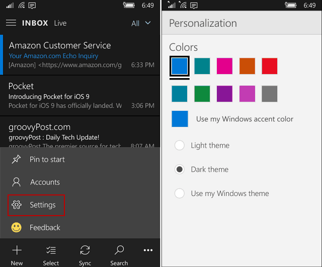 Outlook Mail en Agenda-app op Windows 10 Mobile krijgt een donker thema