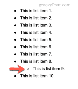 Een voorbeeld van een lijst met meerdere niveaus in Google Docs