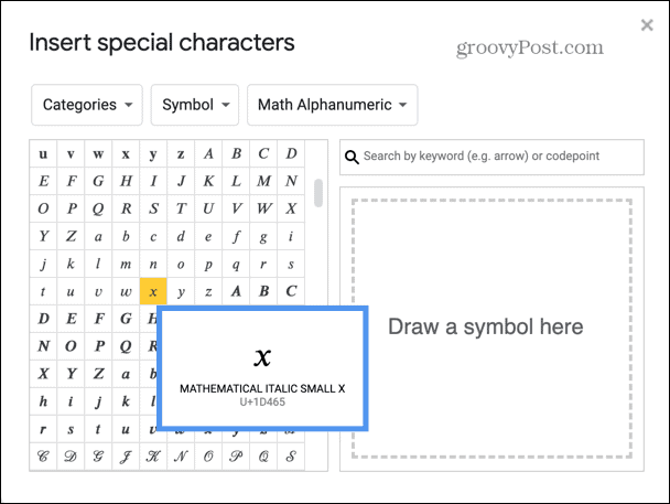 Google Presentaties selecteert algebra letter