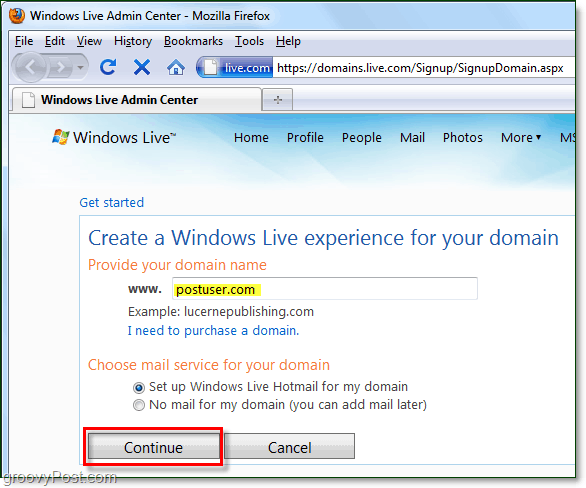 geef uw domeinnaam aan Windows Live