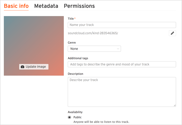 Voeg een titel en beschrijving toe voor je nummer, kies een genre en neem relevante tags op in SoundCloud.