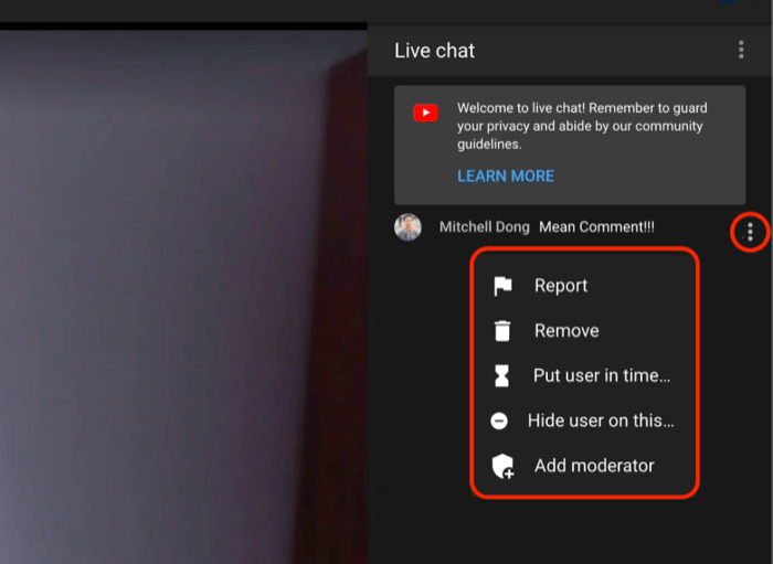 youtube live chat-opties voor het modereren van reacties om de reactie te rapporteren of te verwijderen, de gebruiker in een time-out te zetten, de gebruiker op het kanaal te verbergen of een moderator aan de chat toe te voegen