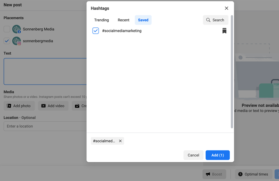 hashtags toevoegen om te posten in Meta Business Suite Stap 2