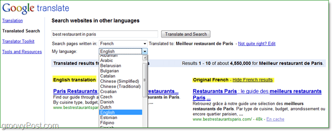 zoek naar internetpagina's in verschillende talen en lees ze in uw eigen taal met vertaalde serach van Google