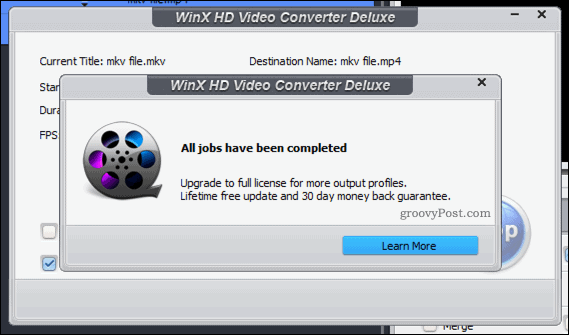 Bevestiging van een succesvolle WinX-videoconversie