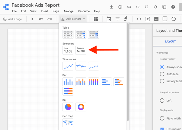 Gebruik Google Data Studio om uw Facebook-advertenties te analyseren, stap 8, optie om de scorekaart in Google Data Studio te selecteren