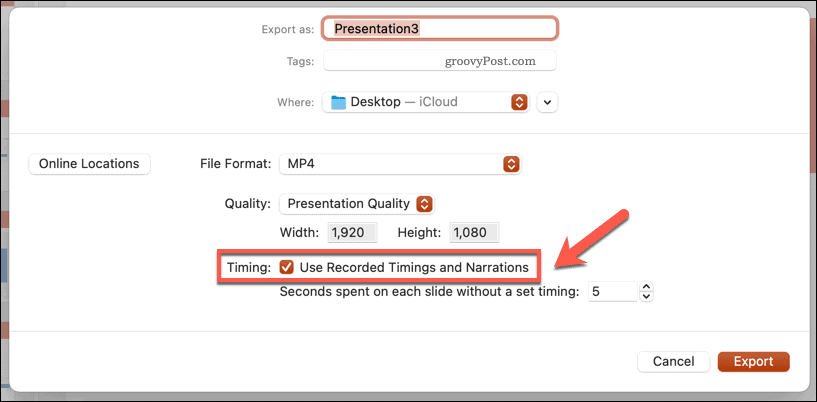 Opgenomen timings gebruiken voor een geëxporteerde video in PowerPoint op Mac